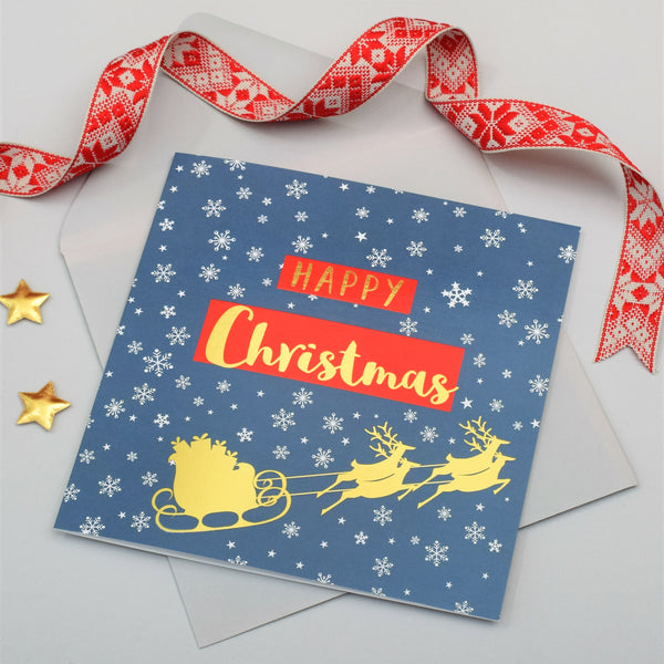 Christmas Card, Sleigh and Snowflakes, text foiled in shiny gold