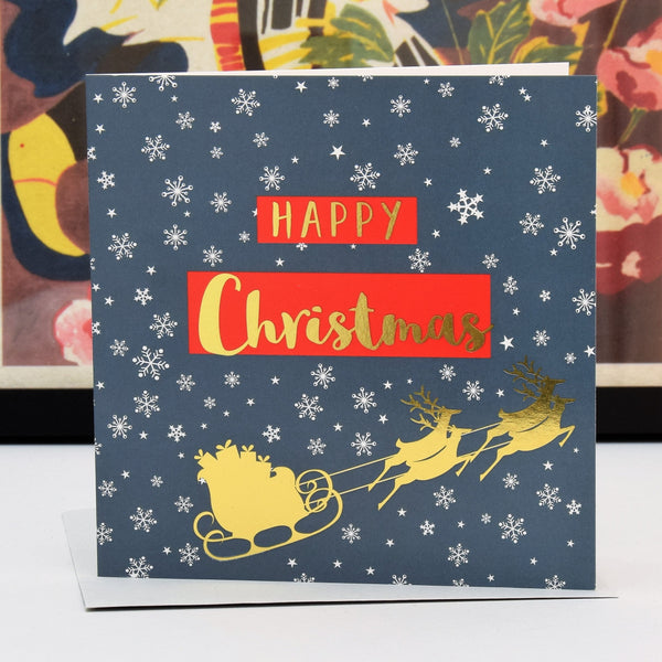 Christmas Card, Sleigh and Snowflakes, text foiled in shiny gold