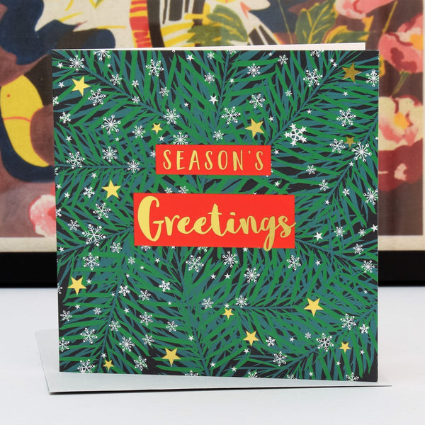 Christmas Card, Seasons Greetings Wreath, text foiled in shiny gold
