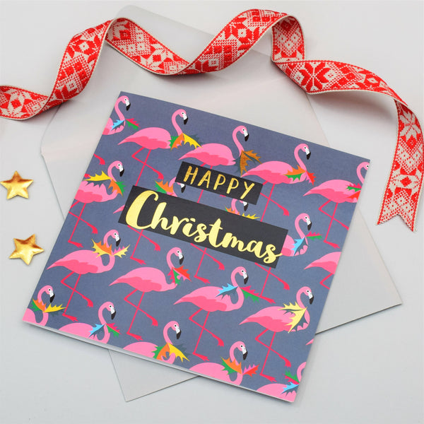 Christmas Card, Flamingoes and Holly, text foiled in shiny gold
