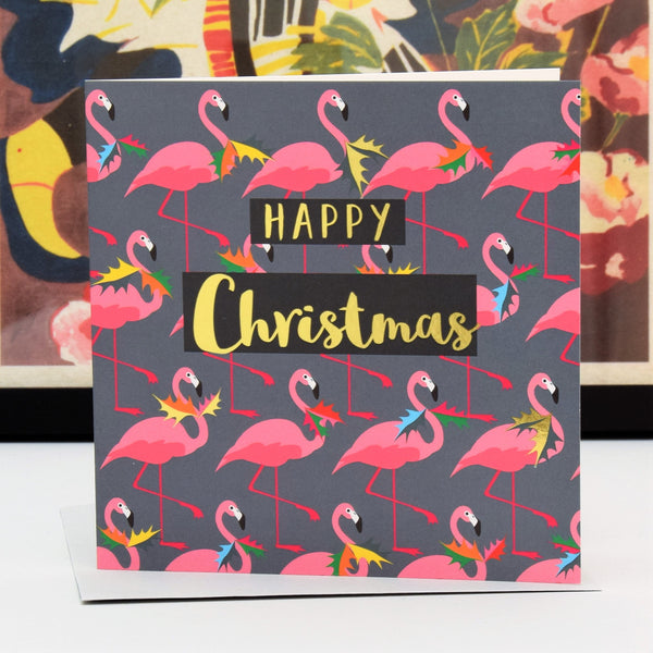 Christmas Card, Flamingoes and Holly, text foiled in shiny gold