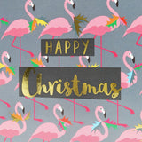 Christmas Card, Flamingoes and Holly, text foiled in shiny gold