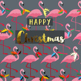 Christmas Card, Flamingoes and Holly, text foiled in shiny gold