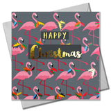Christmas Card, Flamingoes and Holly, text foiled in shiny gold