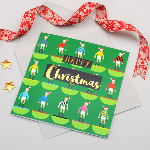 Christmas Card, Subuteo and Santa hats, text foiled in shiny gold