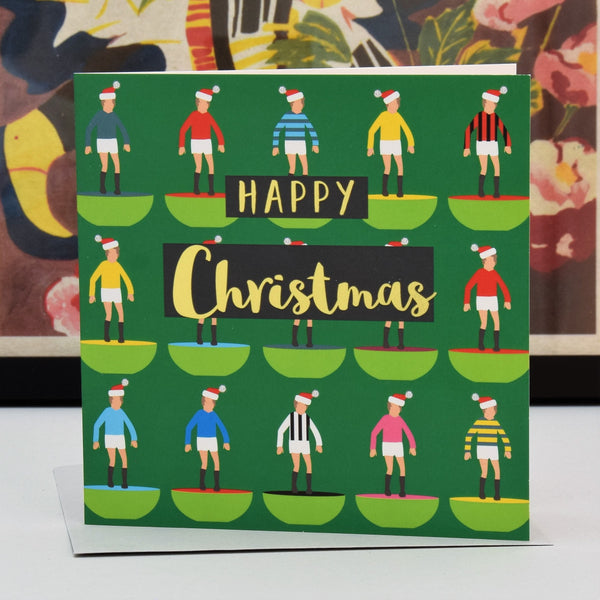 Christmas Card, Subuteo and Santa hats, text foiled in shiny gold