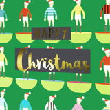 Christmas Card, Subuteo and Santa hats, text foiled in shiny gold