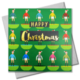 Christmas Card, Subuteo and Santa hats, text foiled in shiny gold