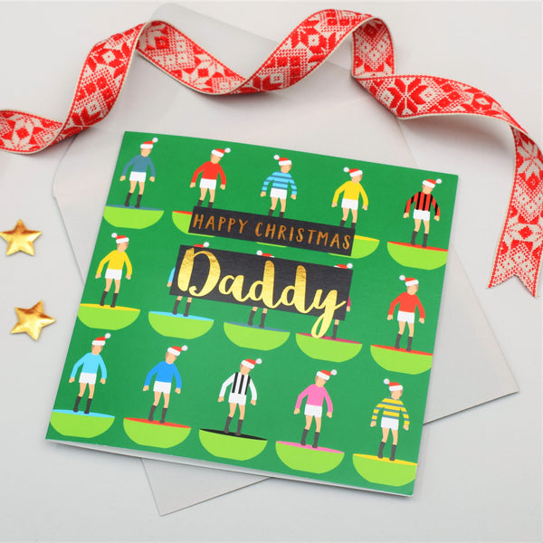 Christmas Card, Daddy Subuteo and Santa hats, text foiled in shiny gold