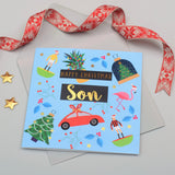 Christmas Card, Son Subuteo and Toys, text foiled in shiny gold