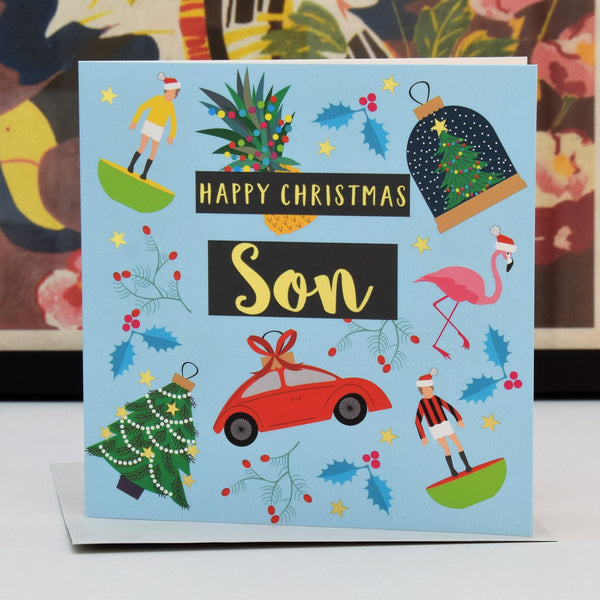 Christmas Card, Son Subuteo and Toys, text foiled in shiny gold