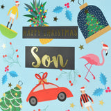 Christmas Card, Son Subuteo and Toys, text foiled in shiny gold