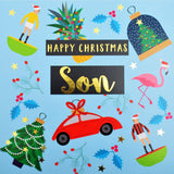 Christmas Card, Son Subuteo and Toys, text foiled in shiny gold