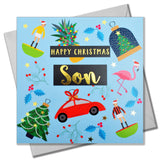 Christmas Card, Son Subuteo and Toys, text foiled in shiny gold