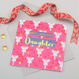 Christmas Card, Daughter Fairies on Pink, text foiled in shiny gold