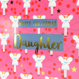 Christmas Card, Daughter Fairies on Pink, text foiled in shiny gold
