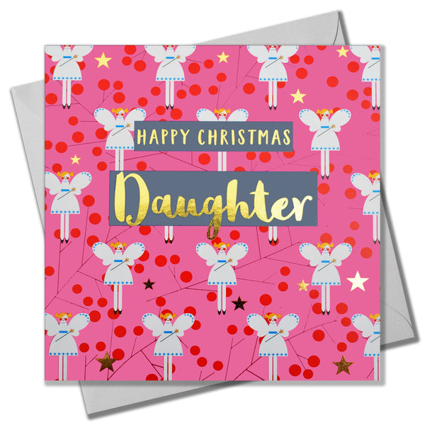Christmas Card, Daughter Fairies on Pink, text foiled in shiny gold