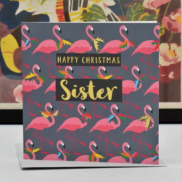 Christmas Card, Sister Flamingoes and Holly, text foiled in shiny gold