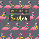 Christmas Card, Sister Flamingoes and Holly, text foiled in shiny gold