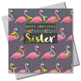 Christmas Card, Sister Flamingoes and Holly, text foiled in shiny gold