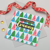 Christmas Card, Granny Christmas Trees, text foiled in shiny gold