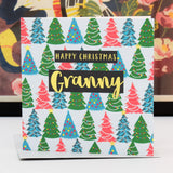 Christmas Card, Granny Christmas Trees, text foiled in shiny gold