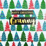 Christmas Card, Granny Christmas Trees, text foiled in shiny gold
