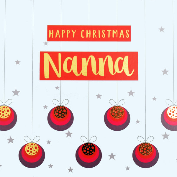 Christmas Card, Nanna Baubles and Stars, text foiled in shiny gold