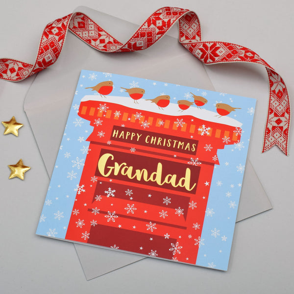 Christmas Card, Grandad Robins on a Postbox, text foiled in shiny gold