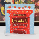 Christmas Card, Grandad Robins on a Postbox, text foiled in shiny gold
