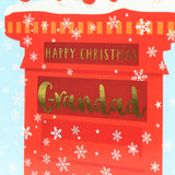 Christmas Card, Grandad Robins on a Postbox, text foiled in shiny gold