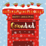 Christmas Card, Grandad Robins on a Postbox, text foiled in shiny gold