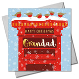 Christmas Card, Grandad Robins on a Postbox, text foiled in shiny gold