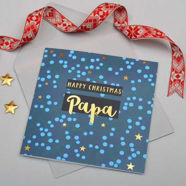 Christmas Card, Papa Berries & Stars, text foiled in shiny gold