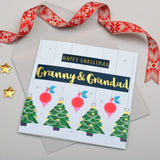 Christmas Card, Granny & Grandad Trees & Baubles, text foiled in shiny gold