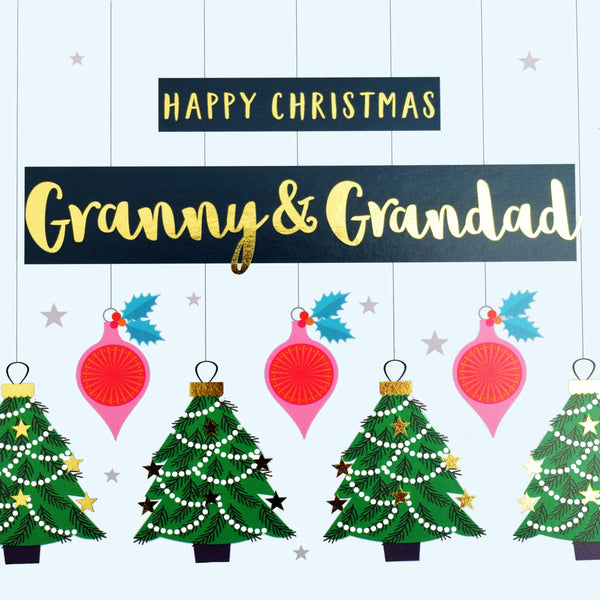 Christmas Card, Granny & Grandad Trees & Baubles, text foiled in shiny gold