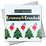 Christmas Card, Granny & Grandad Trees & Baubles, text foiled in shiny gold