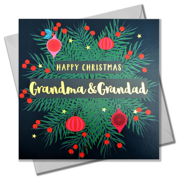 Christmas Card, Grandma & Grandad Wreath, text foiled in shiny gold