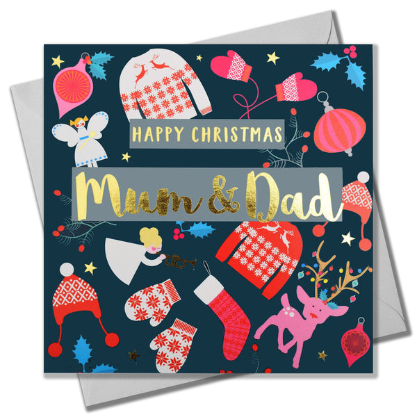 Christmas Card, Mum & Dad Jumpers & Reindeer, text foiled in shiny gold