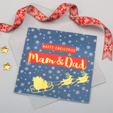 Christmas Card, Mam & Dad Sleigh & Snowflakes, text foiled in shiny gold