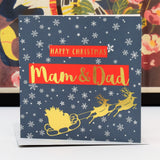 Christmas Card, Mam & Dad Sleigh & Snowflakes, text foiled in shiny gold