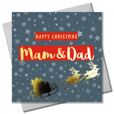 Christmas Card, Mam & Dad Sleigh & Snowflakes, text foiled in shiny gold