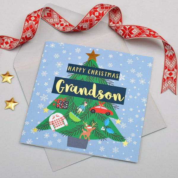 Christmas Card, Grandson Tree with Star, text foiled in shiny gold