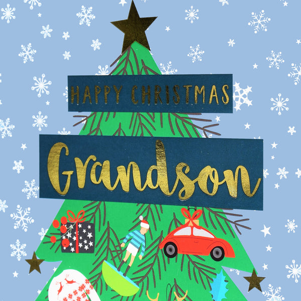 Christmas Card, Grandson Tree with Star, text foiled in shiny gold