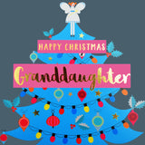 Christmas Card, Granddaughter Blue Tree & Fairy, text foiled in shiny gold