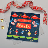 Christmas Card, Uncle Subuteo & Cars, text foiled in shiny gold