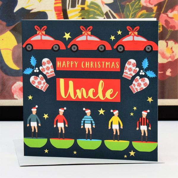 Christmas Card, Uncle Subuteo & Cars, text foiled in shiny gold