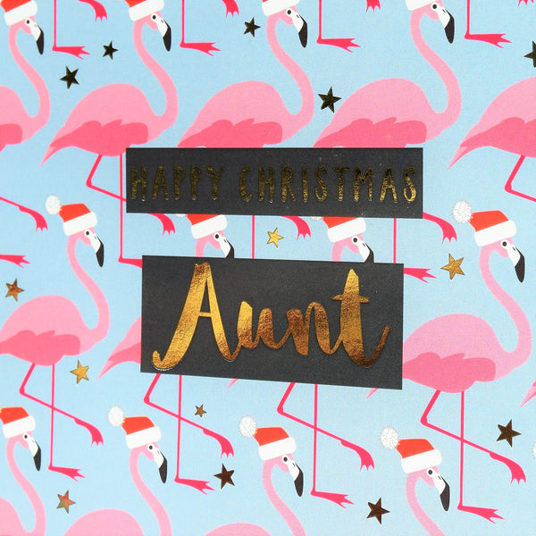 Christmas Card, Aunt Flamingoes in Santa Hats, text foiled in shiny gold