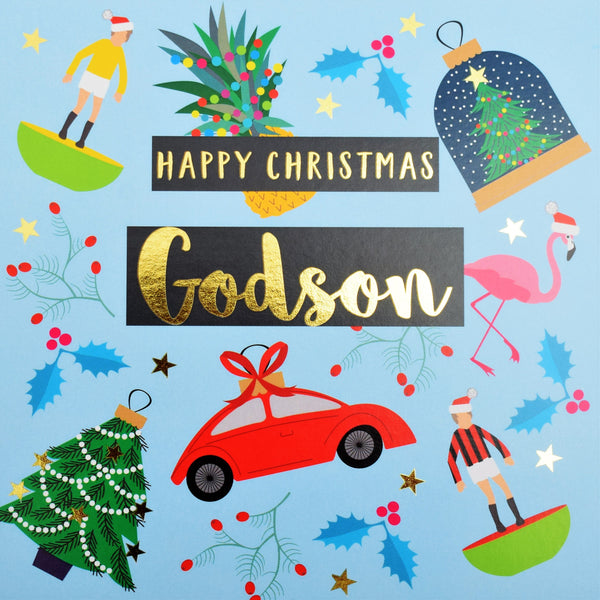 Christmas Card, Godson, Christmas Decorations text foiled in shiny gold