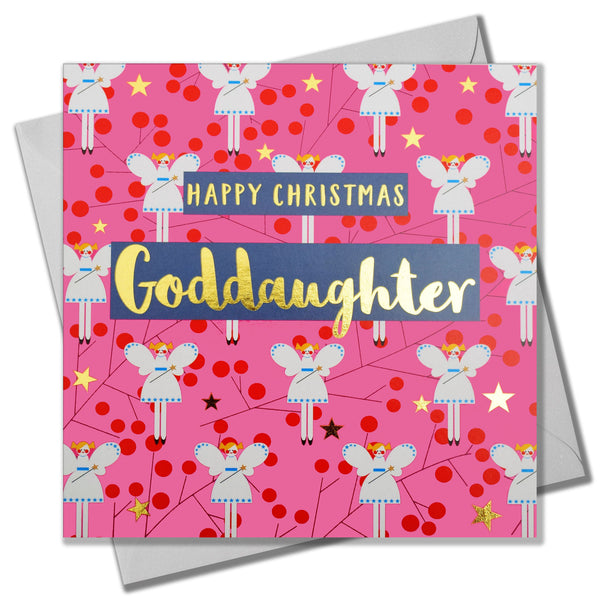 Christmas Card, Goddaughter Fairies on Pink, text foiled in shiny gold
